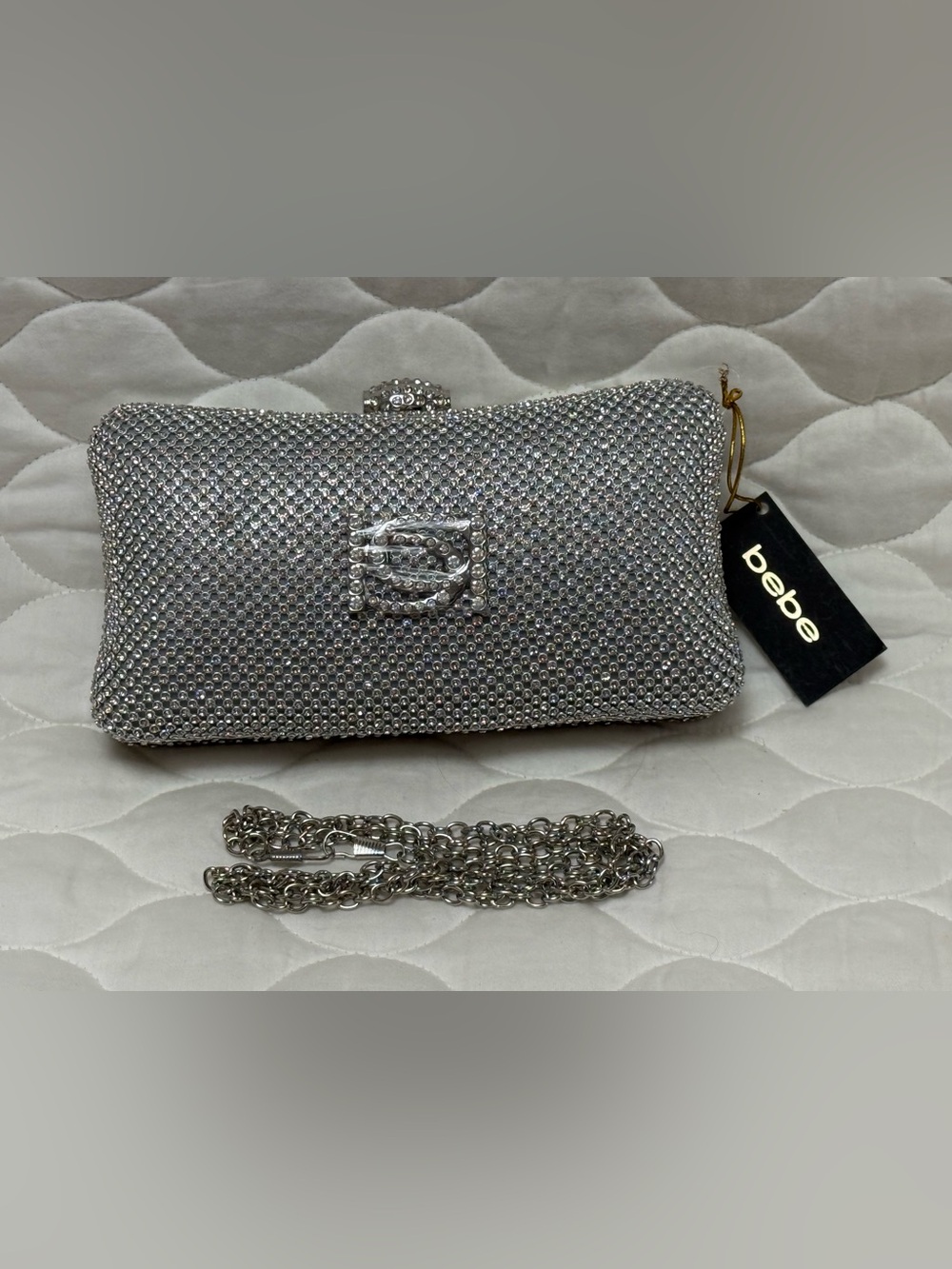 Bebe Silver Crystal-Embellished Evening Clutch